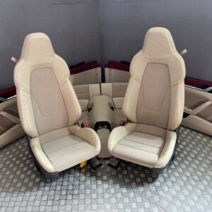 Porsche 911 992 Carrera Interior – Cream Leather, Porsche Crest Headrests, Burgundy Door Rail, Heated, OEM