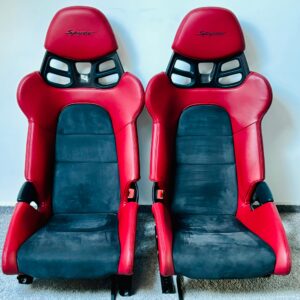Porsche 718 Spyder Carbon Bucket Seats – Red Leather, Black Alcantara, Spyder Logo, OEM | 982